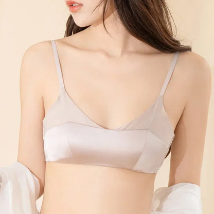 Mulberry Silk Satin Summer Bra Women's Wireless Triangle Cup Underwear Thin