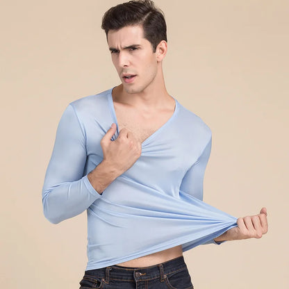 Birdsky, 1PC Men sleep tops long sleeve underwear Tee top T shirt V neck mulberry silk viscose 5 solid colors. S-935