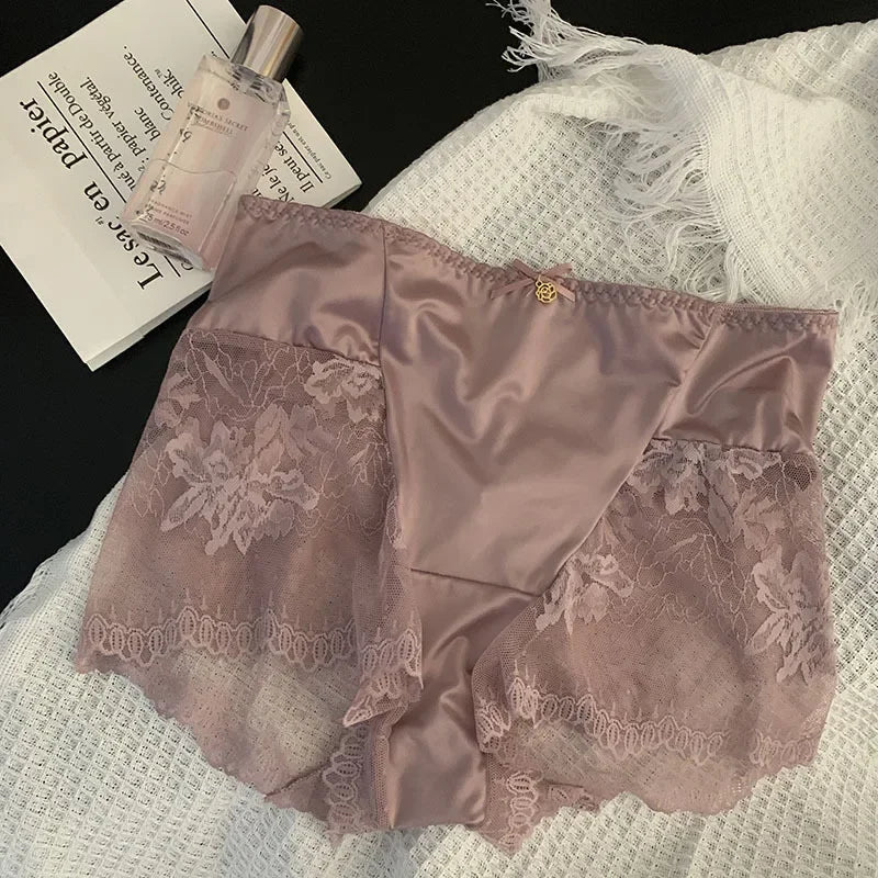 Large underwear women's high-waisted sexy lace mesh stitching ice silk satin mulberry silk crotch bowknot boxers Panties sexy