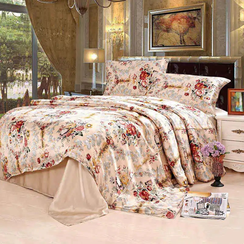 Bedding Set 4pcs Floral 100% Mulberry Charmuse Silk Printed Soft Pillowcase Flat Sheet Duvet Cover ls2125