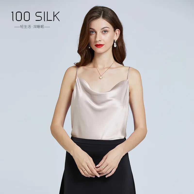 New 100% Mulberry Silk Sling Wavy Neck Trend Camisole Top Women Sexy Inner Base Vest Tops Vest Satin Pajamas Outer Wear Shirt