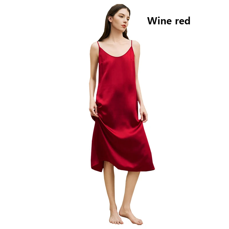 Fengbaoyu 100% Mulberry Silk Women's Slip Dress Champagne Silk Nightdress Casual Home Wear Simple Comfort Smooth Cool Breathable