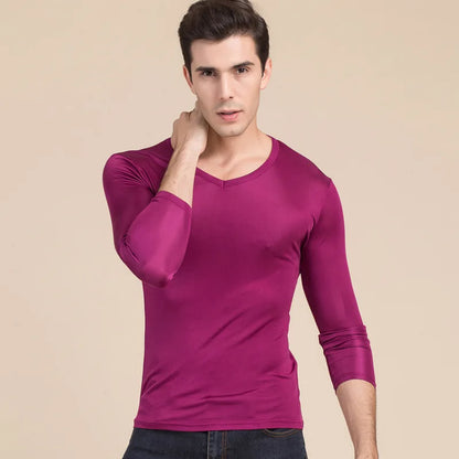 Birdsky, 1PC Men sleep tops long sleeve underwear Tee top T shirt V neck mulberry silk viscose 5 solid colors. S-935