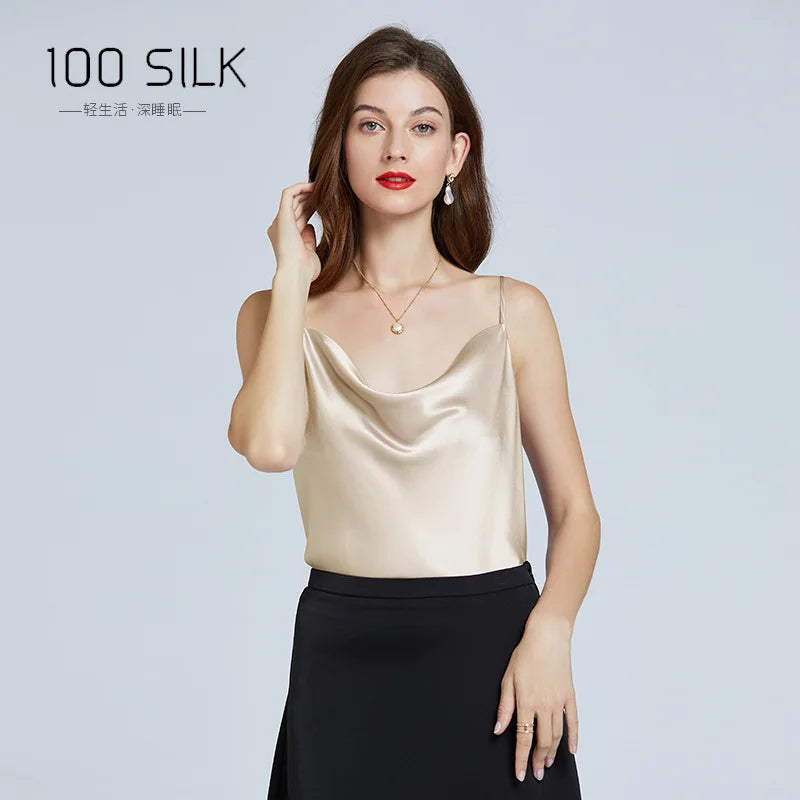 New 100% Mulberry Silk Sling Wavy Neck Trend Camisole Top Women Sexy Inner Base Vest Tops Vest Satin Pajamas Outer Wear Shirt