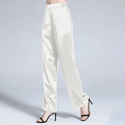 Birdsky, 1PC Women trousers wide leg straight pant full pants mid waist 95% real mulberry silk 5% spandex 2 colors, S-926