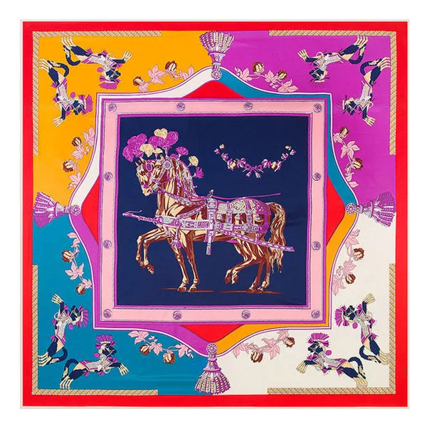 Luxury Brand 100% Twill Silk Scarf Multicolor Horse Square Scarf New Design Print Kerchief Women Neck Shawl Wraps Echarpe 130cm