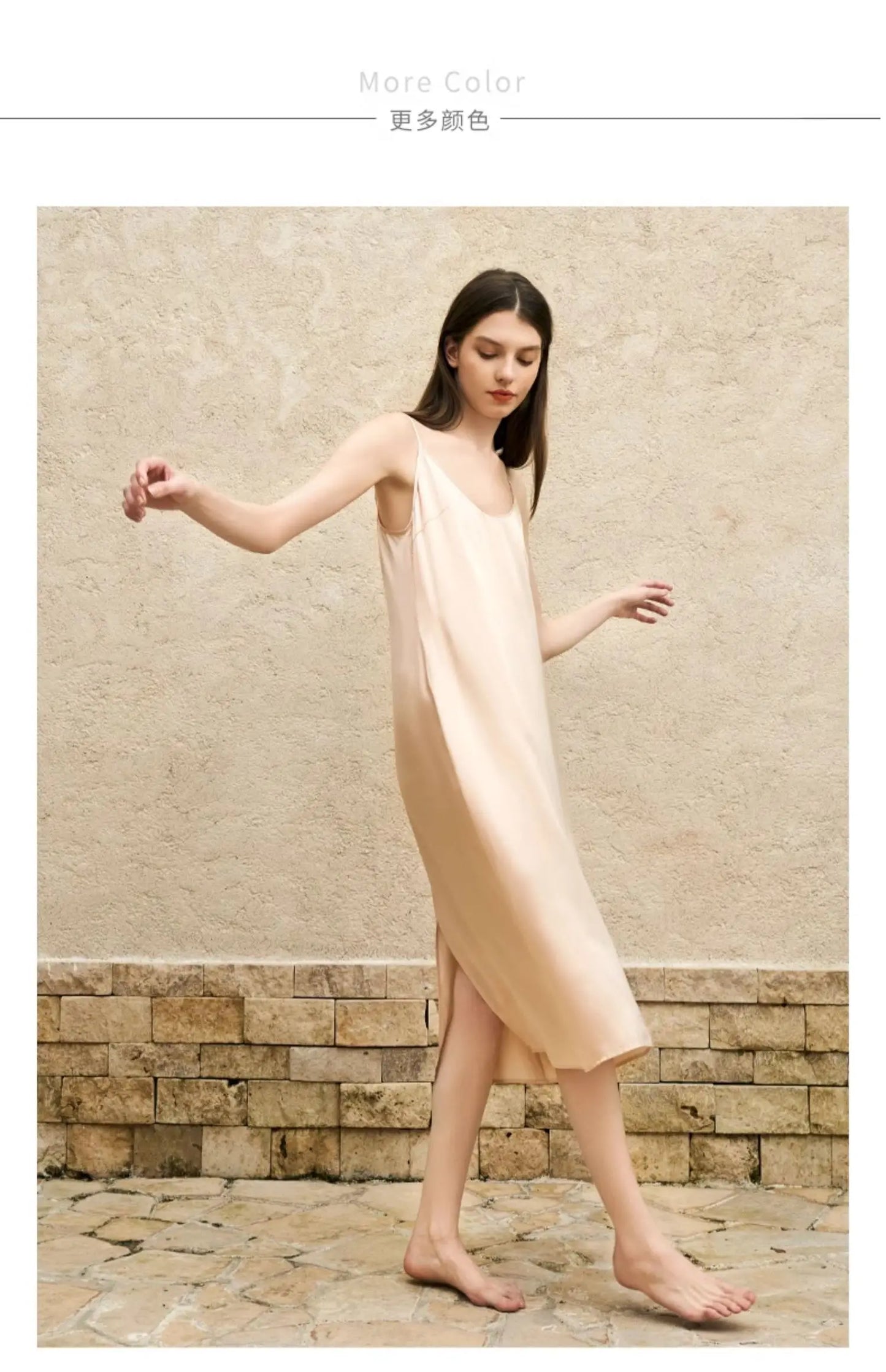 Fengbaoyu 100% Mulberry Silk Women's Slip Dress Champagne Silk Nightdress Casual Home Wear Simple Comfort Smooth Cool Breathable