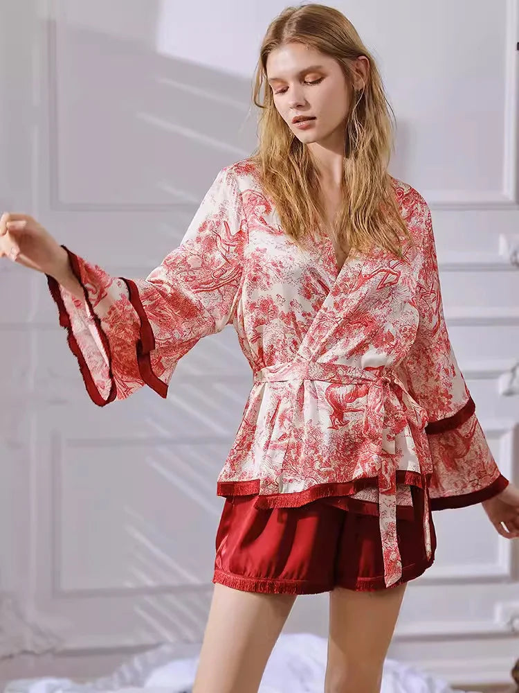 Print Mulberry Silk Women's Kimono Pajama Shorts Set Tassel Trim Sleepwear Home Pijama Bell Long Sleeve Night Wear Loungewear