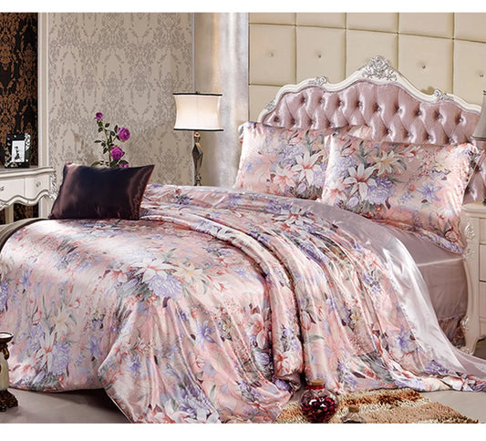 4 PCs Set Flat Sheet Duvet Cover 100 Mulberry Silk  Printed  Seamless Solid Color AB Type Customize