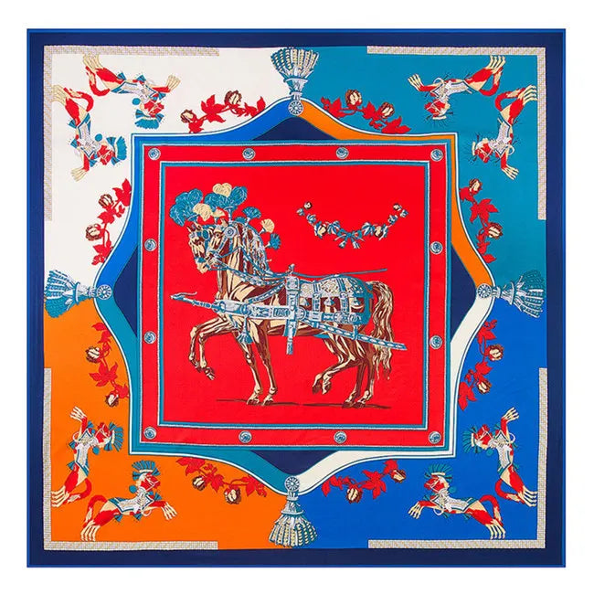 Luxury Brand 100% Twill Silk Scarf Multicolor Horse Square Scarf New Design Print Kerchief Women Neck Shawl Wraps Echarpe 130cm