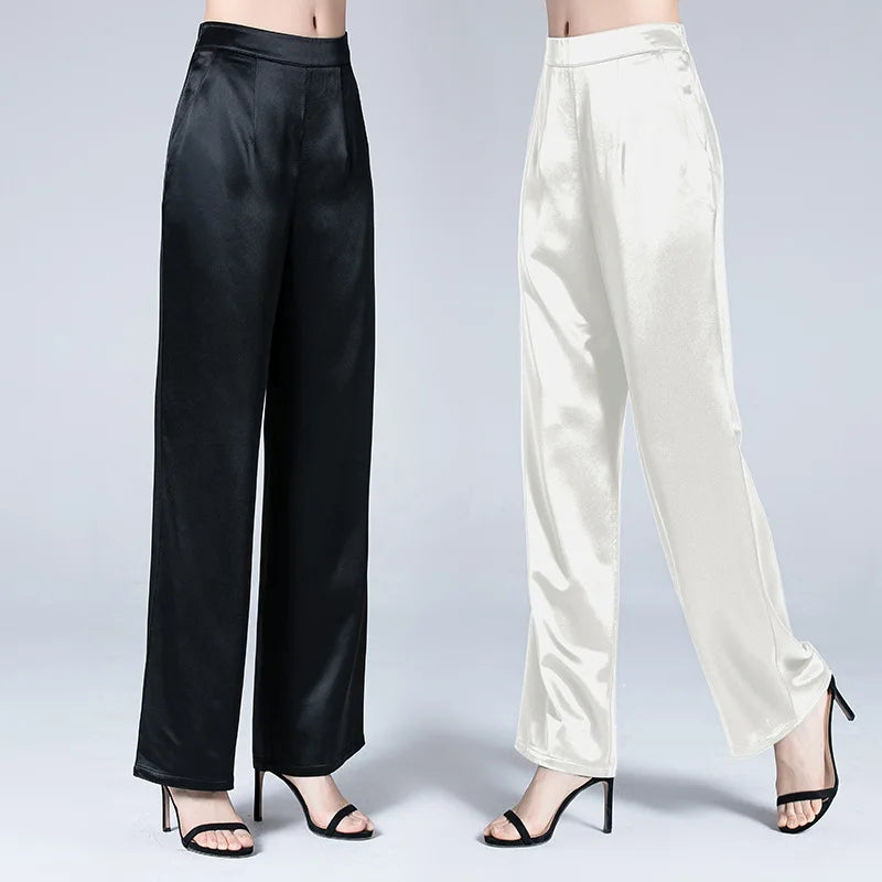 Birdsky, 1PC Women trousers wide leg straight pant full pants mid waist 95% real mulberry silk 5% spandex 2 colors, S-926