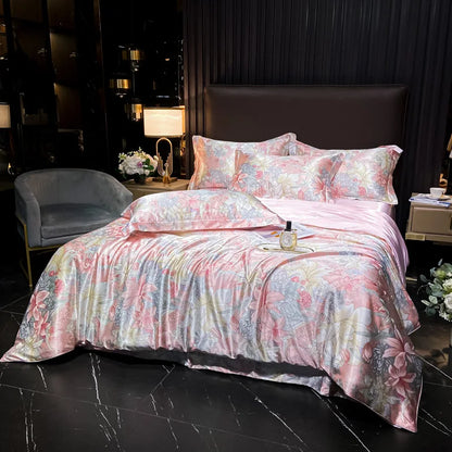 Natural Silk Bedding Set Luxury Silky Satin Duvet Cover Set Single Double Queen King Size Printing Quilt Cover Set