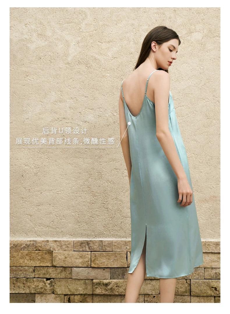 Fengbaoyu 100% Mulberry Silk Women's Slip Dress Champagne Silk Nightdress Casual Home Wear Simple Comfort Smooth Cool Breathable