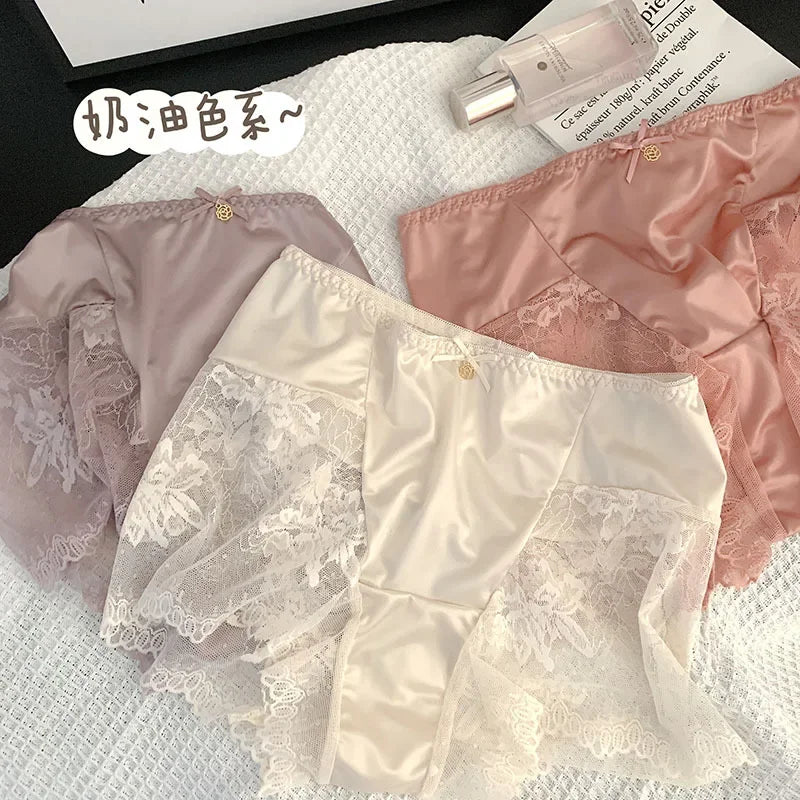 Large underwear women's high-waisted sexy lace mesh stitching ice silk satin mulberry silk crotch bowknot boxers Panties sexy