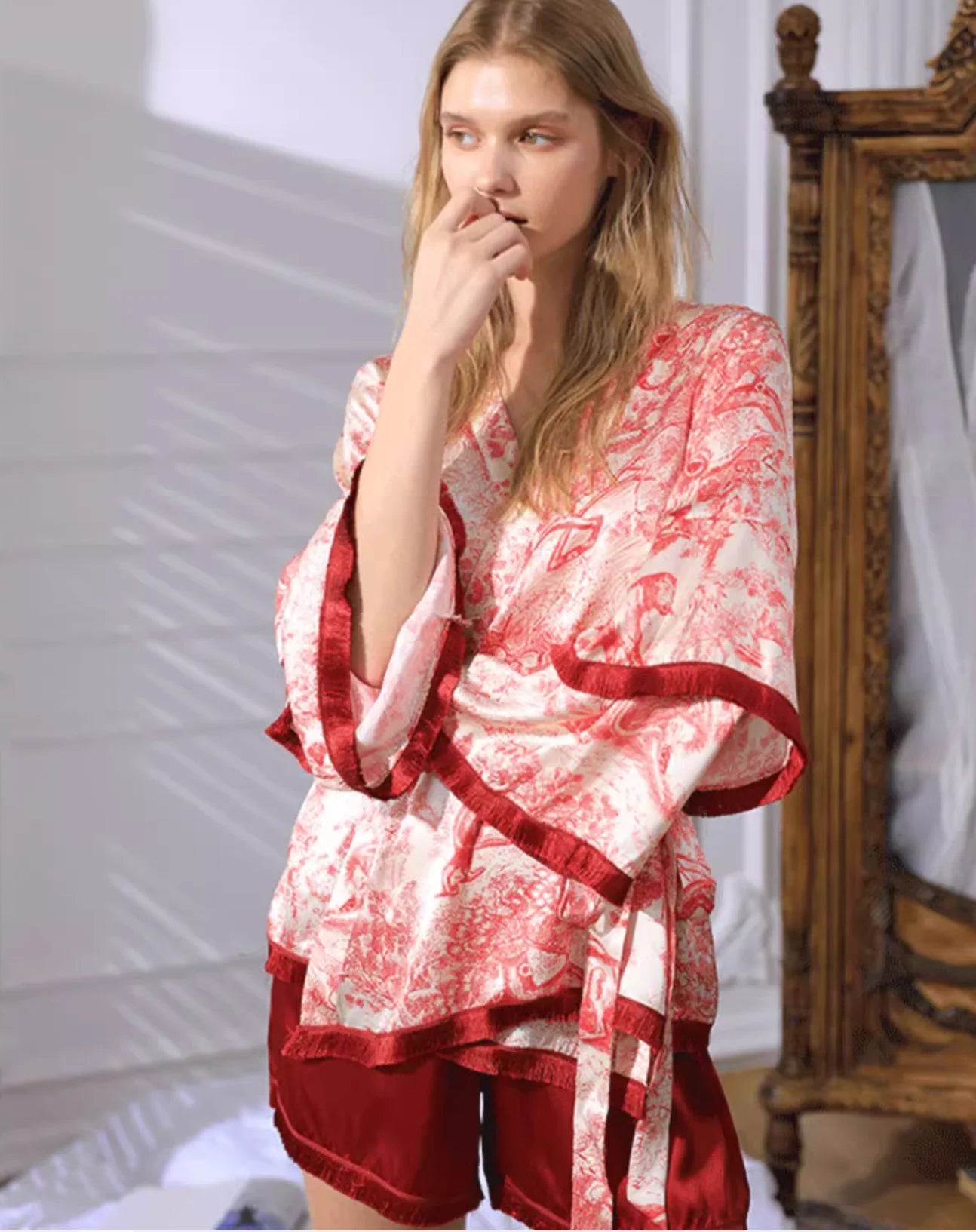 Print Mulberry Silk Women's Kimono Pajama Shorts Set Tassel Trim Sleepwear Home Pijama Bell Long Sleeve Night Wear Loungewear