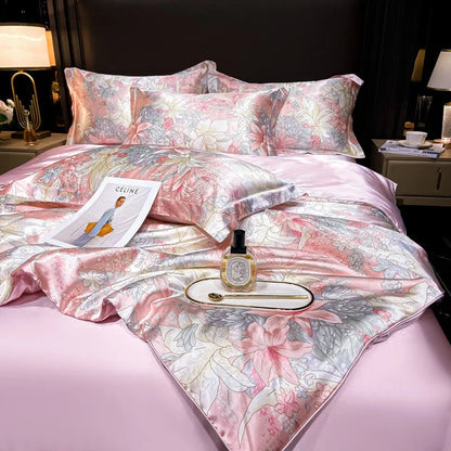 Natural Silk Bedding Set Luxury Silky Satin Duvet Cover Set Single Double Queen King Size Printing Quilt Cover Set