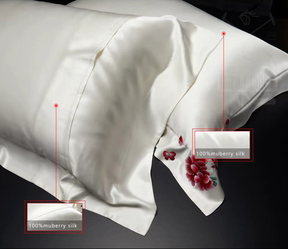 Taie d’oreiller luxe en soie 25 mommes – Broderie à la main Suzhou - Pivoine Impériale Le raffinement éternel