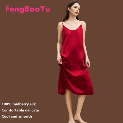 Fengbaoyu 100% Mulberry Silk Women's Slip Dress Champagne Silk Nightdress Casual Home Wear Simple Comfort Smooth Cool Breathable