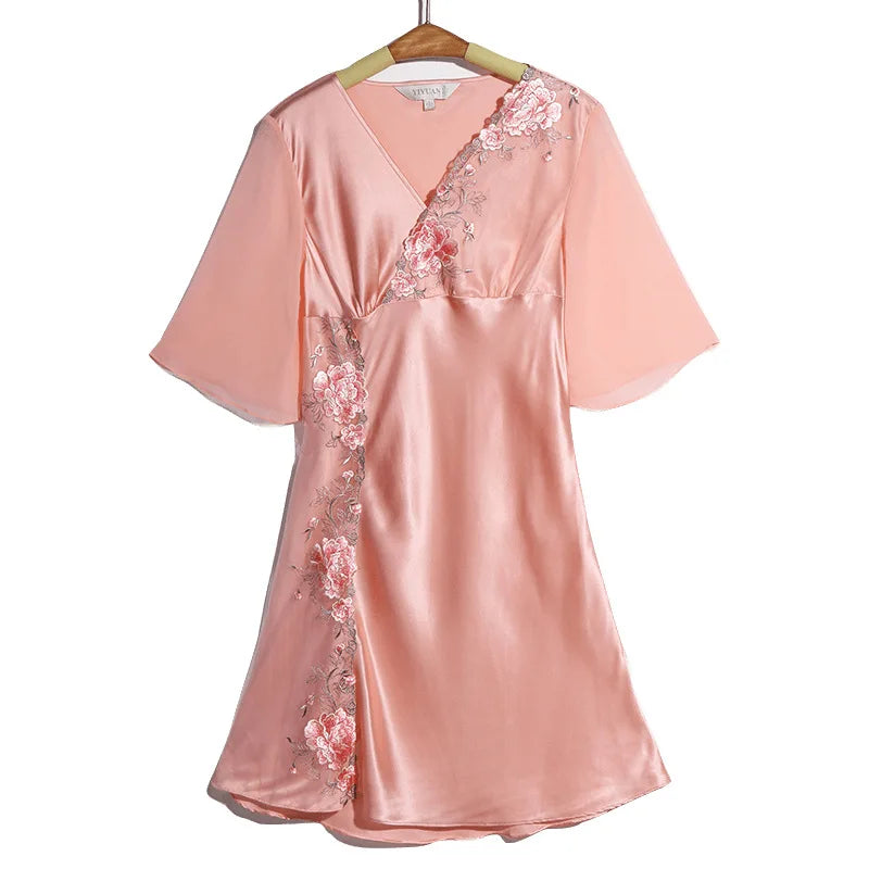 Birdsky, Summer Women nightgown nightdress night gowns sleep dress sleepwear lace mid sleeve 100% Mulberry Silk Satin, S-265