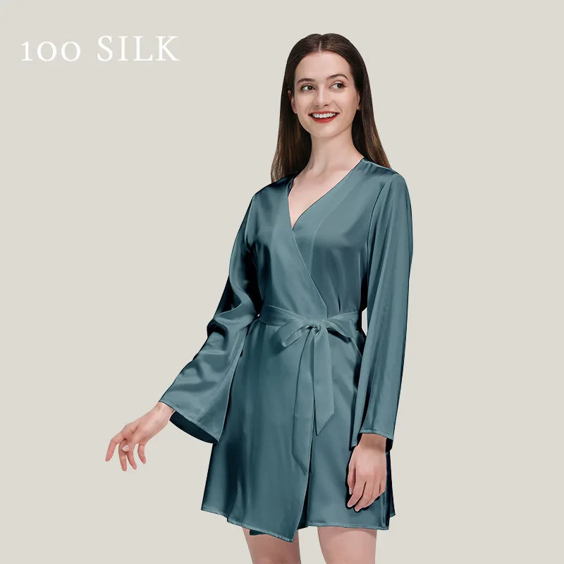 Birdtree 22Momme 100%Pure Mulberry Silk Mini Robe for Women Silky Sleepwear Ladies Elegant Nightgown Natural Pajamas P3D035QM