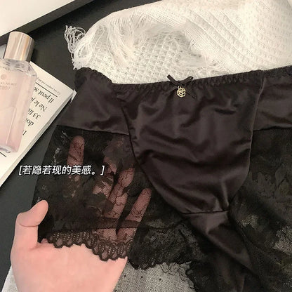 Large underwear women's high-waisted sexy lace mesh stitching ice silk satin mulberry silk crotch bowknot boxers Panties sexy