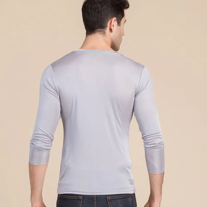 Birdsky, 1PC Men sleep tops long sleeve underwear Tee top T shirt V neck mulberry silk viscose 5 solid colors. S-935