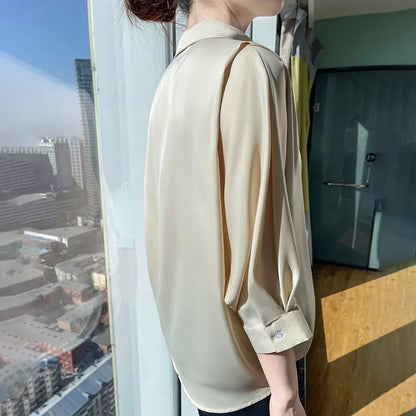 Large size Loose-fit Polo-Neck Silk Camisole Ladies Thin Vest Satin Outer Long Sleeves Top Summer Mulberry Silk Bottoming Shirt