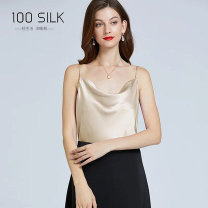 New 100% Mulberry Silk Sling Wavy Neck Trend Camisole Top Women Sexy Inner Base Vest Tops Vest Satin Pajamas Outer Wear Shirt