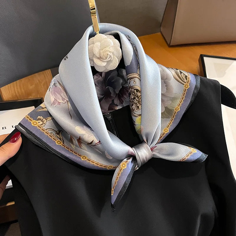 100% Natural Real Silk Scarf Women Print Neck Hairband Shawl Headband New Bandana Square Scarves Wrap Mulberry Luxury Hijab 2024