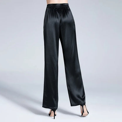 Birdsky, 1PC Women trousers wide leg straight pant full pants mid waist 95% real mulberry silk 5% spandex 2 colors, S-926