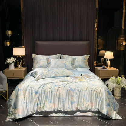 Natural Silk Bedding Set Luxury Silky Satin Duvet Cover Set Single Double Queen King Size Printing Quilt Cover Set