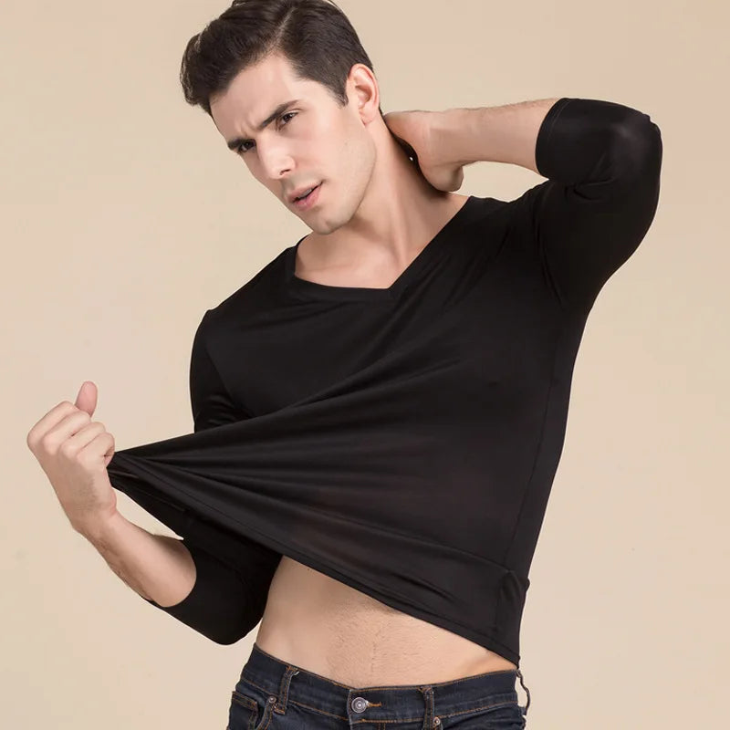 Birdsky, 1PC Men sleep tops long sleeve underwear Tee top T shirt V neck mulberry silk viscose 5 solid colors. S-935