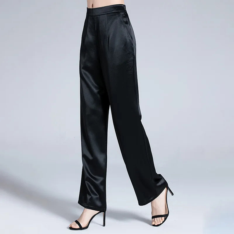 Birdsky, 1PC Women trousers wide leg straight pant full pants mid waist 95% real mulberry silk 5% spandex 2 colors, S-926